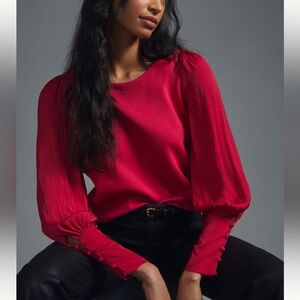 Anthropologie Silky Balloon-Sleeve Top, M, red